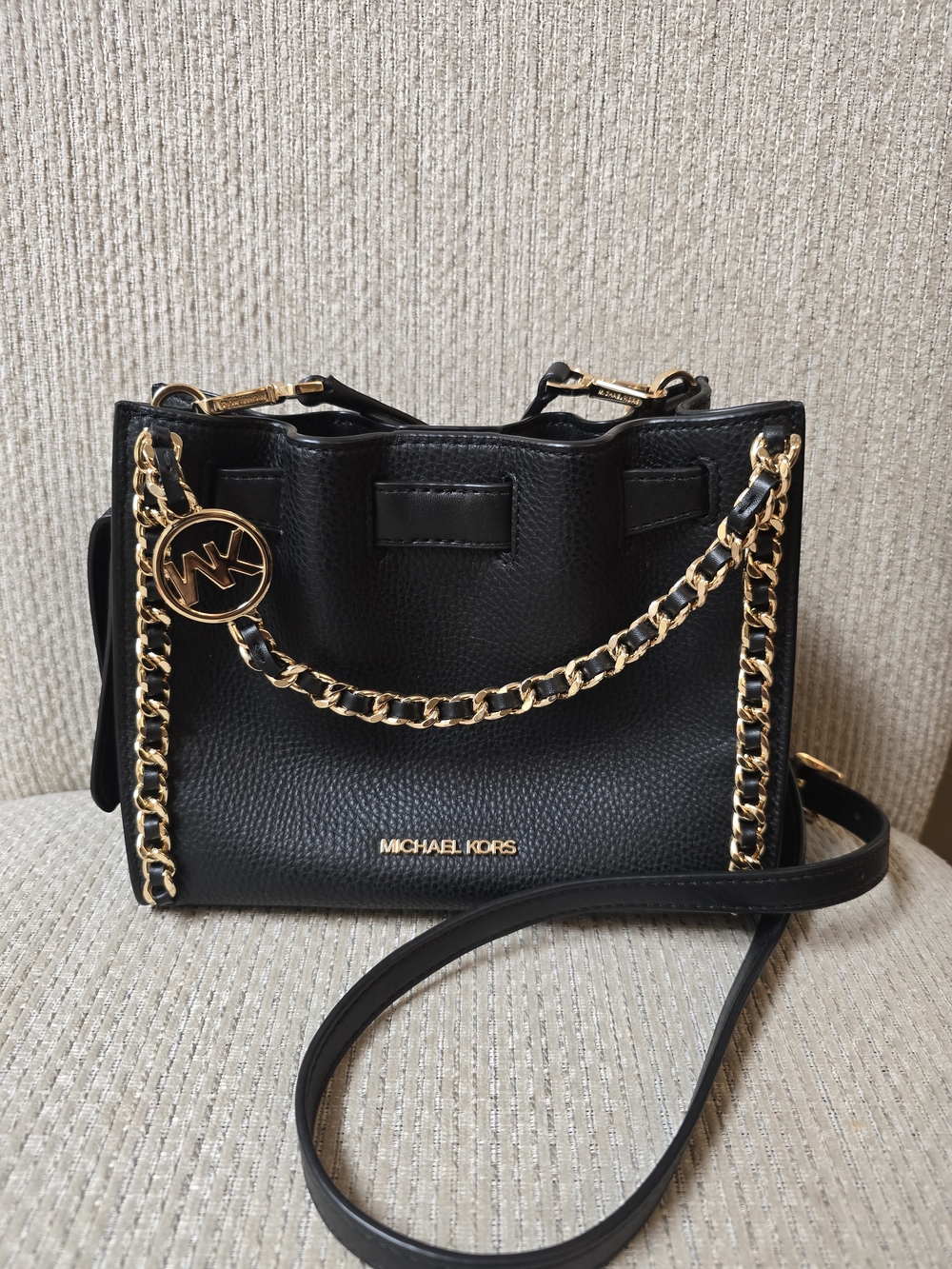 Michael Kors Black Pebbled Leather Shoulder Bag with Gold Chain